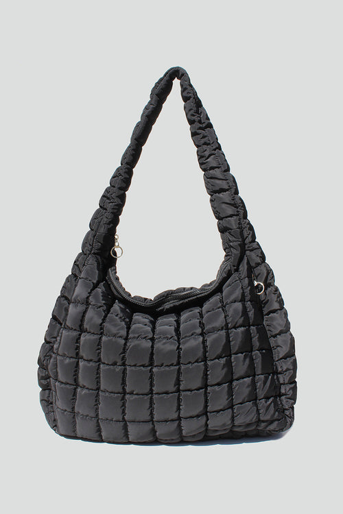 Cleo Slouchy Quilted Nylon Tote Bag in Black